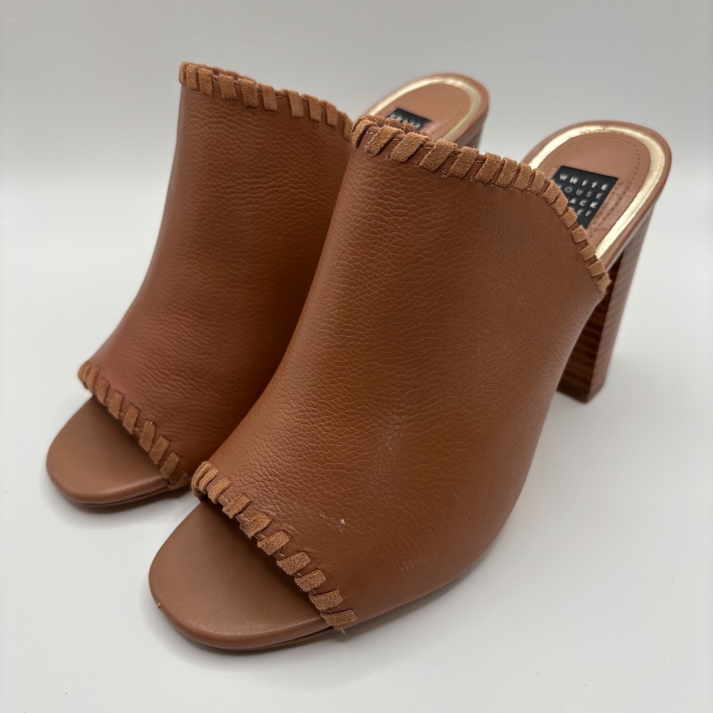 White House Black Market Mules Women 7.5 Brown Leather Peep Toe Block Heel